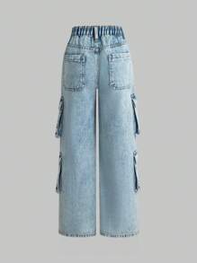 SHEIN Tween Girls' Jeans New Arrival Casual Fashion Multi-Pocket Cargo Washed Denim Straight Pants - Light Wash - View 2