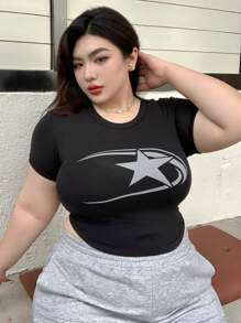Dazy Plus Plus Size Slim Fit Star Pattern Round Neck Short Sleeve T-Shirt