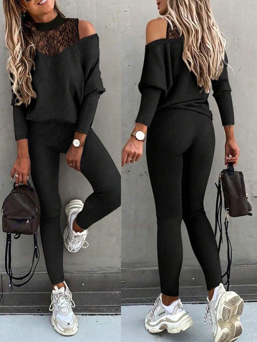 Chiquease Contrast Lace Cold Shoulder Tee & Leggings - Black - View 1