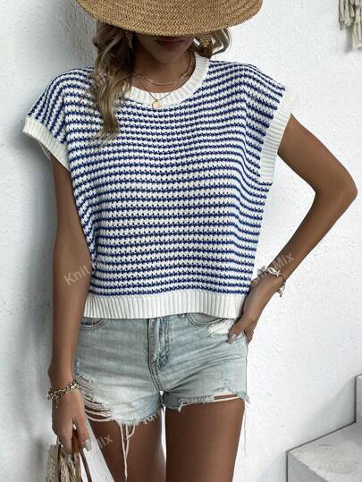 Knit Mix カラーブロック ストライプ ラウンドネック ノースリーブ レースニット カジュアル ルーズ Tシャツ ビーチバケーション バレンタイン セーター レディース シャツ 秋 秋冬 レディースファッション