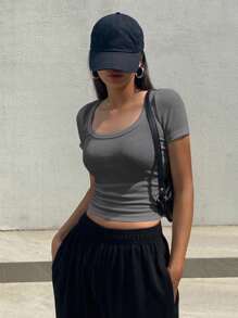 DAZY Áo thun cổ tròn tay ngắn ôm vừa vặn màu trơn, áo crop top nữ thời trang thanh lịch - Màu xám đen - Xem 4