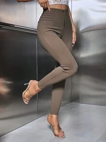SHEIN Essnce Pantalones ajustados sólidos para mujer con cierre de cremallera - Marrón - Ver 1