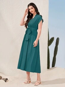 Mulvari Solid Color V-Neck Waist Drawstring Batwing Sleeve Dress