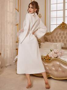 Crystal Vow Lace Spliced Bowknot Decorated Flare Sleeve Long Robe White Robe Women's Robe, Fall, Winter - White - View 2