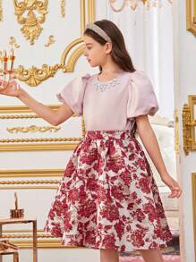 SHEIN Tween Girls' Sweet Puff Sleeve Shirt With Jewel Neckline And Floral Print Skirt Two-Piece Set - Burgundy - View 7