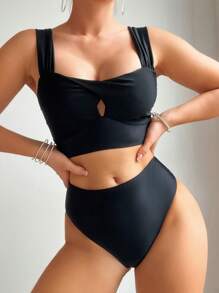Women's Cross Back Wide Straps Two Pieces Bikini Set Summer Beach - Black - View 4