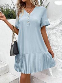 SHEIN LUNE 純色寬鬆連身裙,褶皺下擺和紐帶細節 - 淺藍色 - 查看 4