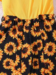 少女太陽花印花拼接連體褲,襯有荷葉邊領口 - 黃色 - 查看 6