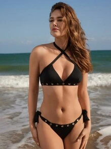 SHEIN Swim Conjunto de bikini de mujer con cuello de halter cruzado y decoración de epidermis de maíz para verano