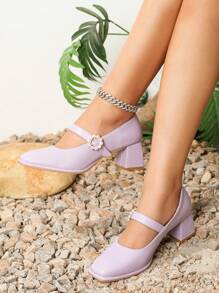 Design cu cataramă pentru damă, cu vârf pătrat, pantofi cu toc înalt cu toc înalt, pantofi cu toc înalt de primăvară și toamnă superbi - Mov Mov - Vizualizare 4