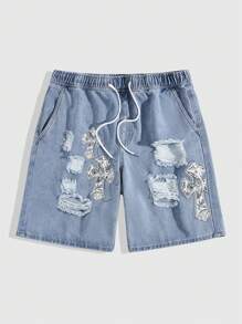 ROMWE MEN Street Life 適合春夏日常穿梭的男士十字印花牛仔短褲 - 淺色水洗藍 - 查看 1