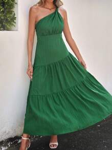 SHEIN Clasi Plain Color One Shoulder Ruffle Hem Dress Maxi Women Dresses Green Dress - Green - View 3