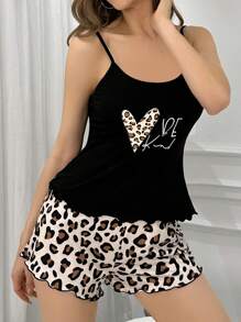Miss Vinta Leopard Heart Alphabet Print Cami And Shorts Pajama Set - Black - View 5