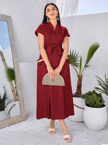 Modelyn 女式拼布流苏双口袋腰带阿拉伯风格连衣裙长款晚礼服 - 紅色 - 查看 3