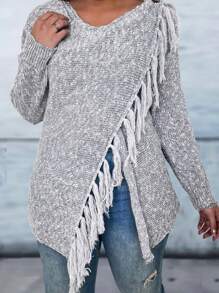 SHEIN LUNE Plus Fringe Trim Asymmetrical Hem Cardigan - Light Grey - View 3