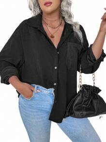 SHEIN LUNE Plus Drop Shoulder Pocket Patched Corduroy Shirt - Black - View 1