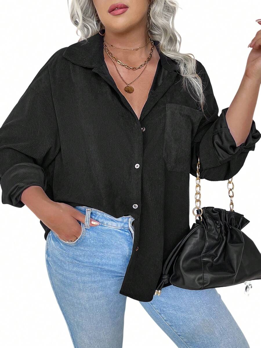 SHEIN LUNE Plus Drop Shoulder Pocket Patched Corduroy Shirt - Black - View 1