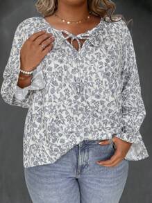 SHEIN LUNE 大碼印花繫帶領荷葉袖襯衫 - 彩色 - 查看 3