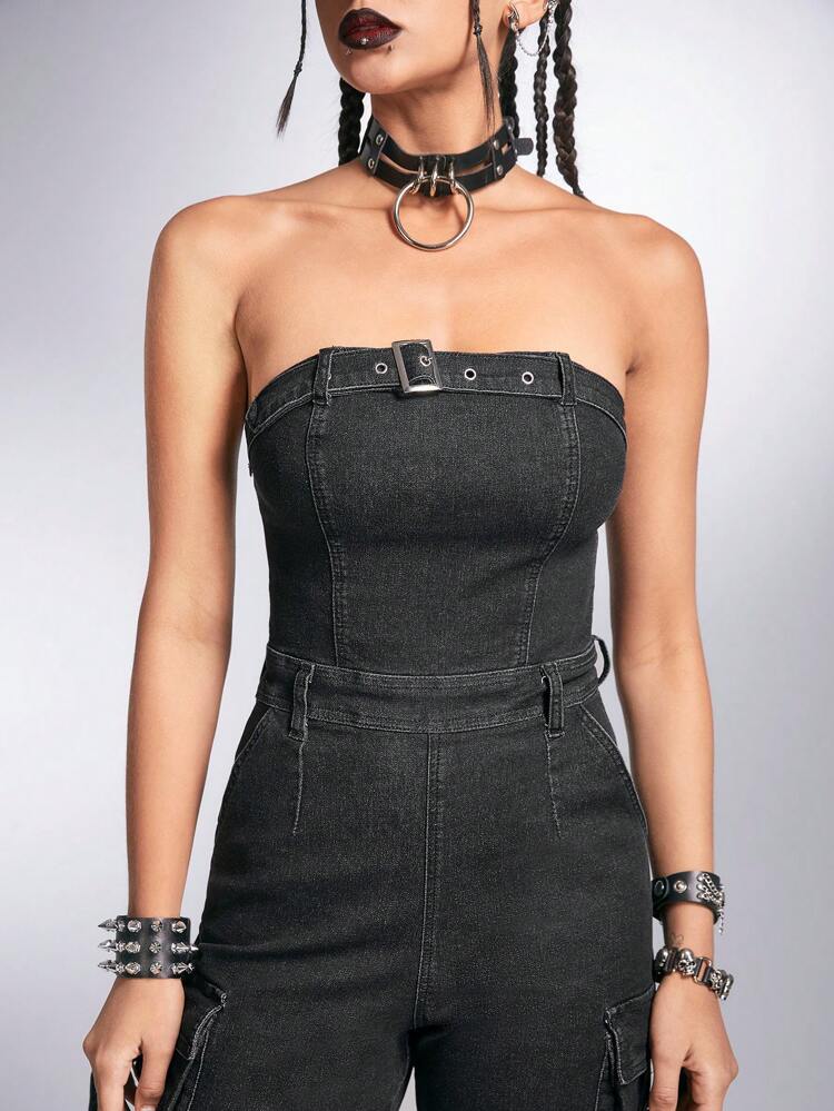 Denim Jumpsuit With Bib Pocket And Straight Leg Design, Stonewashed