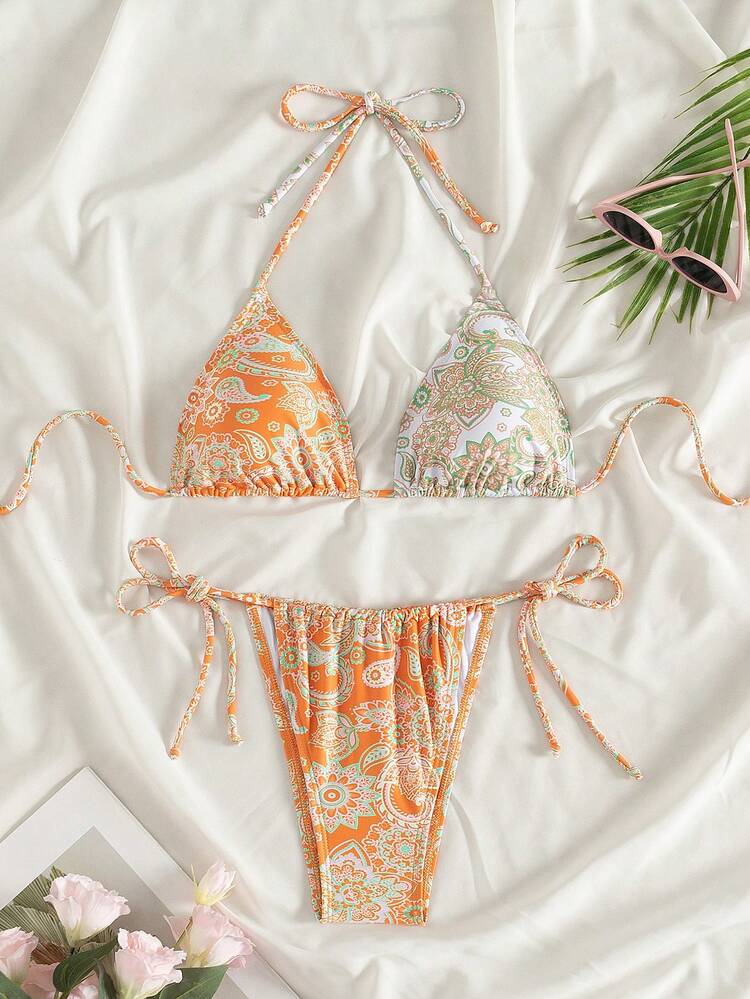 Women's Random Printed Knot & Side Tie Bikini Set, String Bikini Swimwear Bathing Suit Beach Outfit Summer Vacation