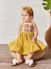 SHEIN Baby Girl's Casual Vacation Colorful Crochet Patchwork Ruffle Hem Spaghetti Strap Dress - Yellow - View 6