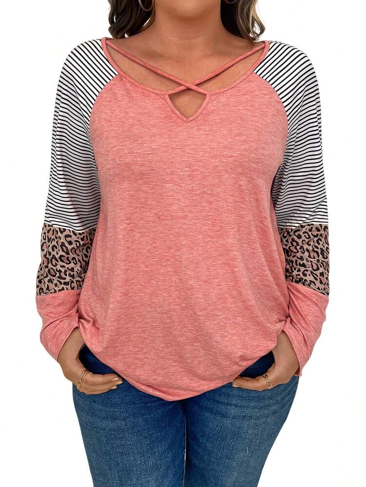 Plus Striped & Leopard Print Crisscross Front Raglan Sleeve Tee