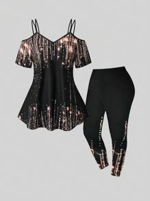 Calvaya Plus Size Iridescent Print Off-The-Shoulder Top And Skinny Pants - Multicolor - View 1