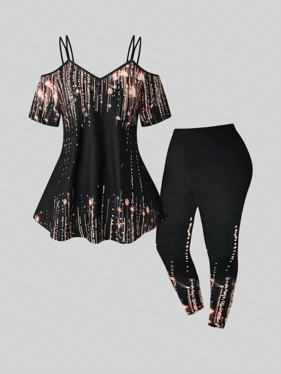 Calvaya Plus Size Iridescent Print Off-The-Shoulder Top And Skinny Pants - Multicolor - View 1