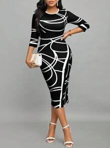 SHEIN Lady Office Dress Women's Color Block Striped Bodycon Dress - Black and White - View 4