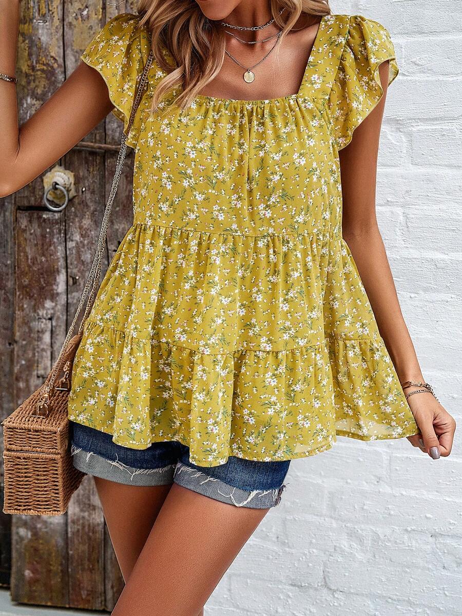 Elegant Floral Print Ruffle Hem Square Neckline Blouse - Yellow - View 1