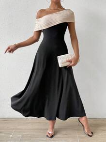 Chiquease Color-Contrast Asymmetric Neckline Dress - Black - View 2