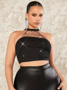 SHEIN BAE Plus Size Women's Glamorous Sheer Fishnet Halter Top With Diamond Decoration For Club & Festival