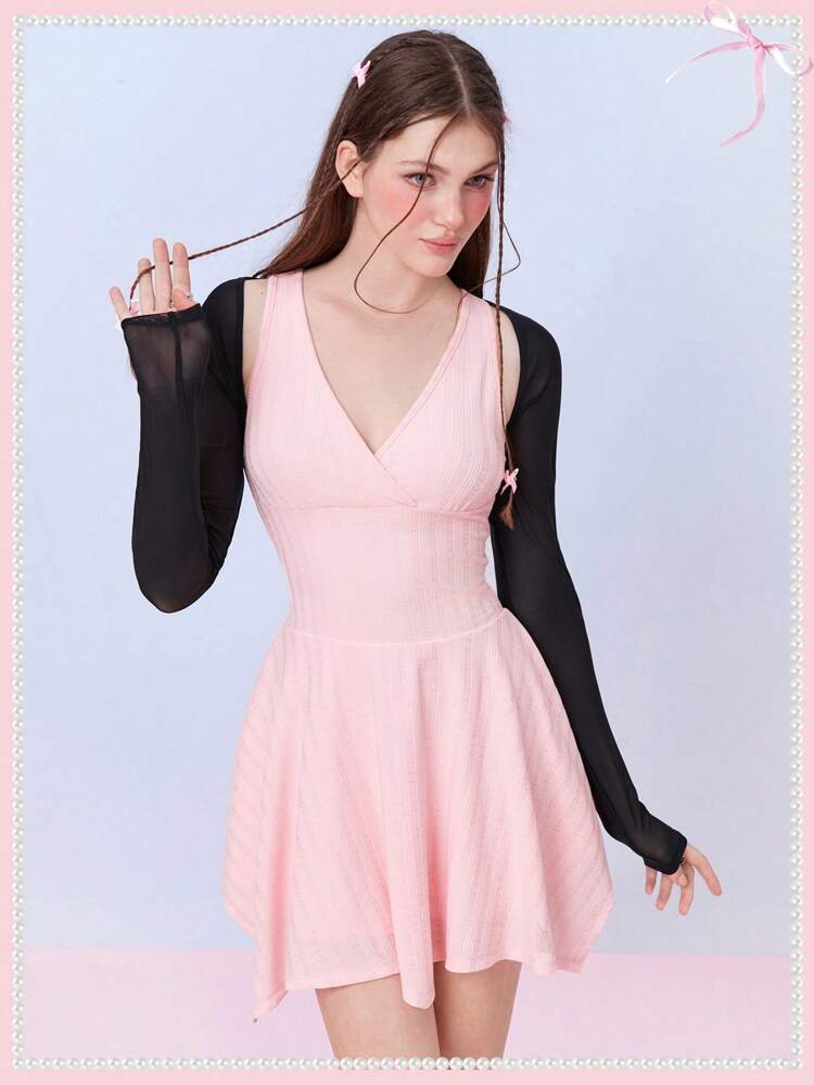 Balletcore Summer Two Pieces Outfits Dress&Shawl Long Sleeve Asymmetric Hem Mini Dress Birthday Women Outfits Going Out V Neck Casual Cute Party Knitted Dress