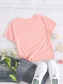 SHEIN 少女休閒簡約卡通兔&字母印花短袖t恤,適合夏天穿著 - 珊瑚粉 - 查看 2