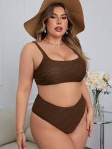 SHEIN Swim Curve 大码纯色纹理比基尼套装 适合夏季海滩 - 棕色 - 查看 5