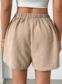 SHEIN Essnce 女士休閒度假風格的實色系帶裝飾a字型夏季短褲 - 卡其色 - 查看 2