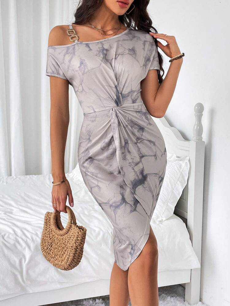 Women's Tie-Dye Asymmetric Neckline Waist Twisted Knot Dress