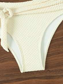 SHEIN Swim Solid Cream Color Textured Knotted Ruched Bikini Bottom - Beige - View 4