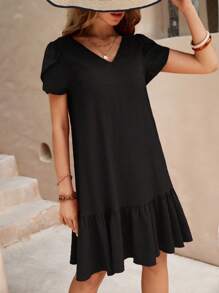 SHEIN Clasi Ladies' Solid Color V-Neck Petal Short Sleeve Dress