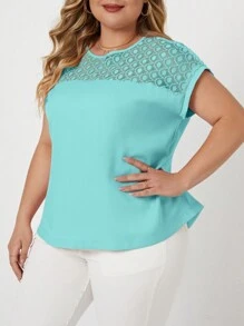 Chikora Kích thước lớn Ren khâu Vòng cổ tay cánh Áo sơ mi - Màu xanh bạc hà - Xem 3