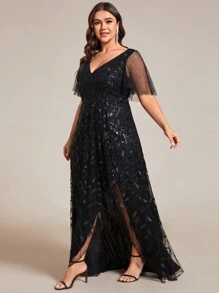 Plus Size Plunging Neck Sequin Contrast Split Thigh Bridesmaid Dress Black Elegant Formal Evening Prom Wedding Guest Gown, For Graduation, Dinner Party Dress