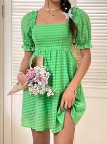 SHEIN Unity Women Dresses Frill Ruffle Shirred Plain Casual - Hijau - View 4