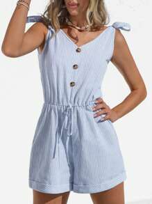 SHEIN VCAY Kỳ nghỉ Của phụ nữ Sọc dọc Romper - Xanh và trắng - Xem 3