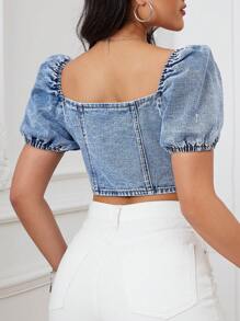 Top Jeans Recortado Com Alças Cruzadas E Decote Em Coração - Lavagem clara - Visão 2
