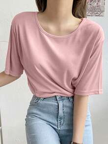 DAZY Của phụ nữ Màu thuần Vòng cổ Ngắn tay Áo thun - Hồng - Xem 3