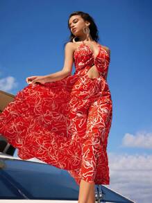 Anewsta Vestido Sexy Anewsta De Correa Con Estampado Floral En El Escote En V Y Cinturón Con Pliegues, Abierto En La Espalda Y De Color Rojo Para Estilo De Vacaciones