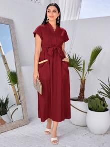 Modelyn 女式拼布流苏双口袋腰带阿拉伯风格连衣裙长款晚礼服 - 紅色 - 查看 1
