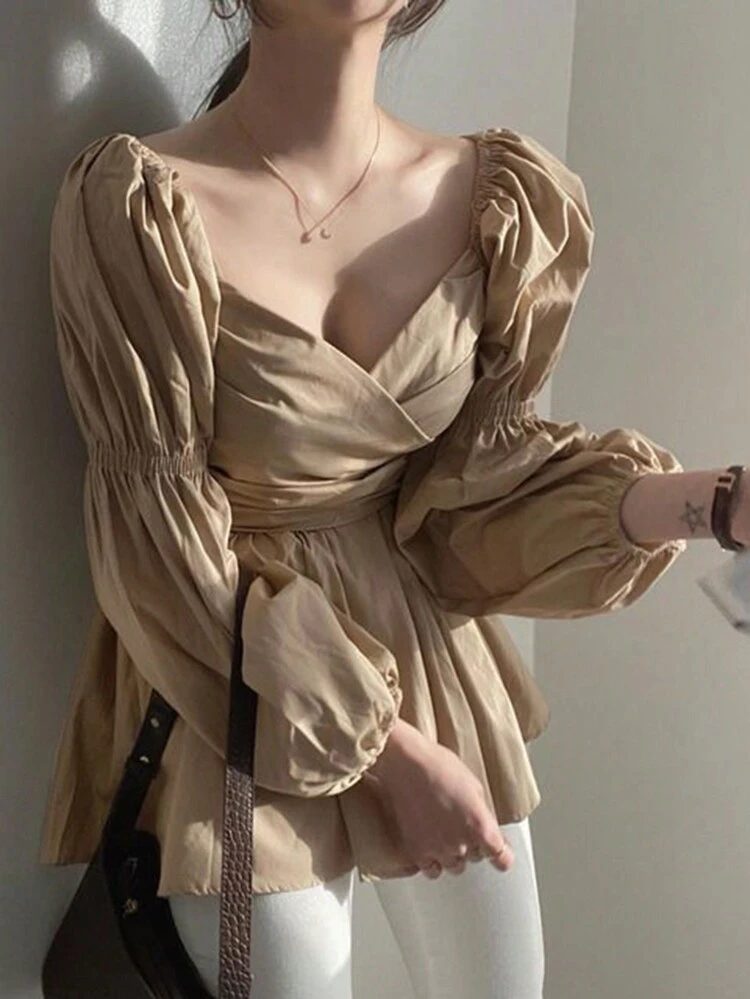 Ladies' Plain Lantern Sleeve Shirt With Pleats And Sweetheart Collar,Ruffle,Fall Clothes Long Sleeve Top Babydoll Top