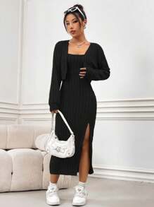 Flirla Fleece Enkel Enkel Spaghetti-rem Klänningar Och Fjäderbeklädnad - Svart - Visa 4