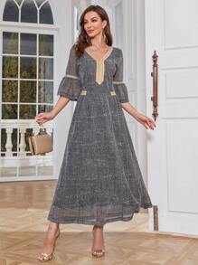 Al Najma Ladies' Patchwork Woven Belt Flare Sleeve Arabian Dress - Black - View 1